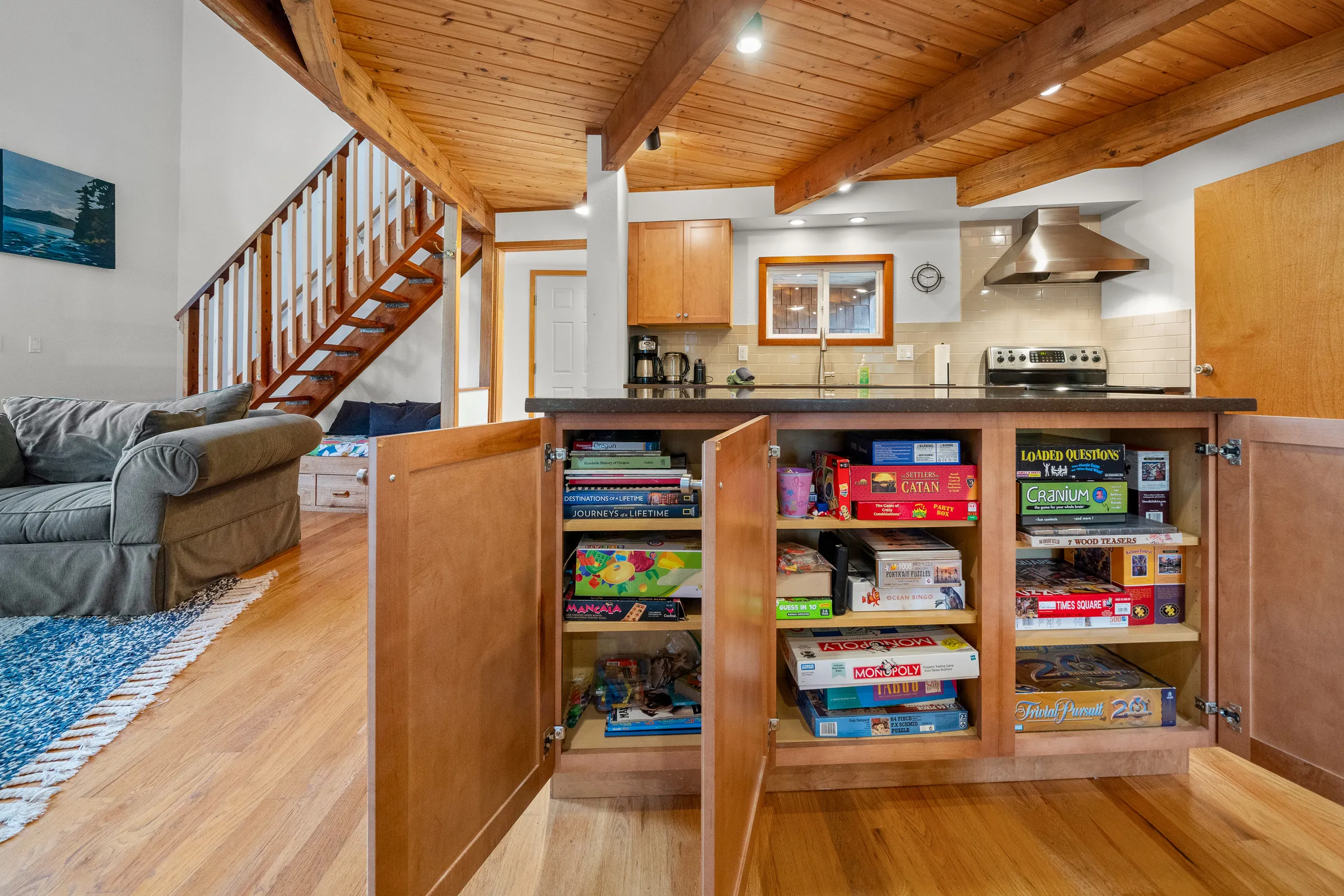 Collection of board games on the kitchen island